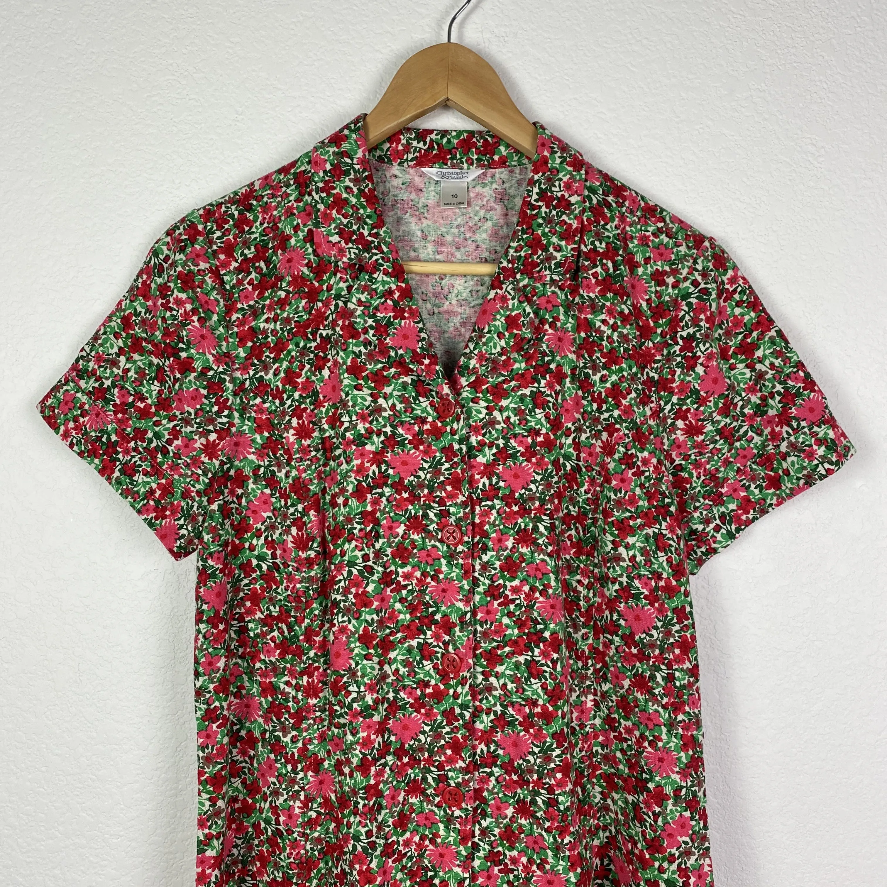 00's Red Green and Pink Floral Midi Dress