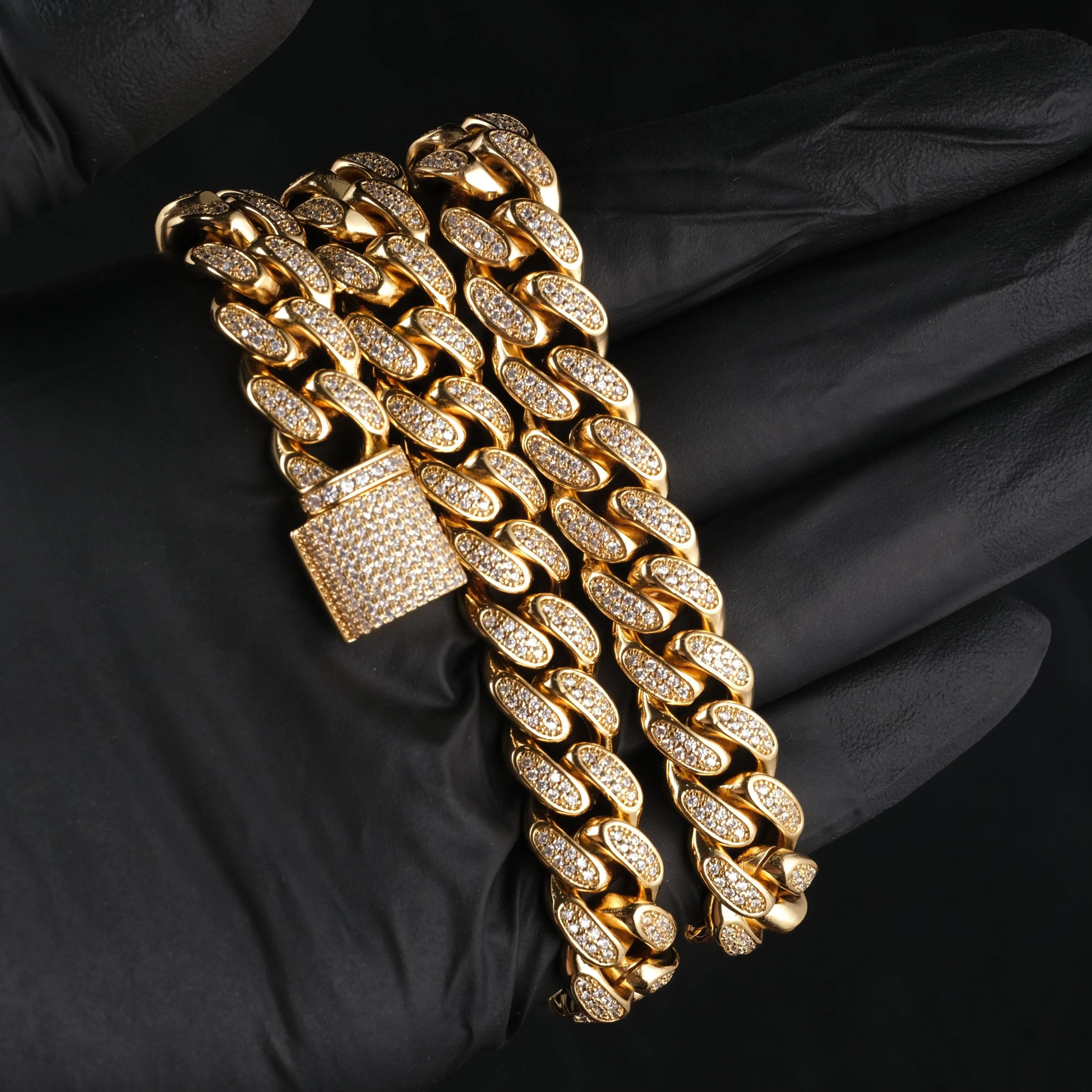 12mm Diamond Cuban Chain in 18K Gold