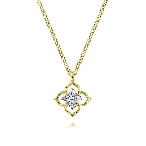 14K Yellow Gold Floral Diamond Pendant Necklace