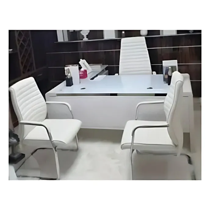 1.6Mtr White Glass Office Desk   Leather chairs-909A