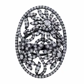 18K White Gold Black Rhodium Diamond Floral Scroll Ring