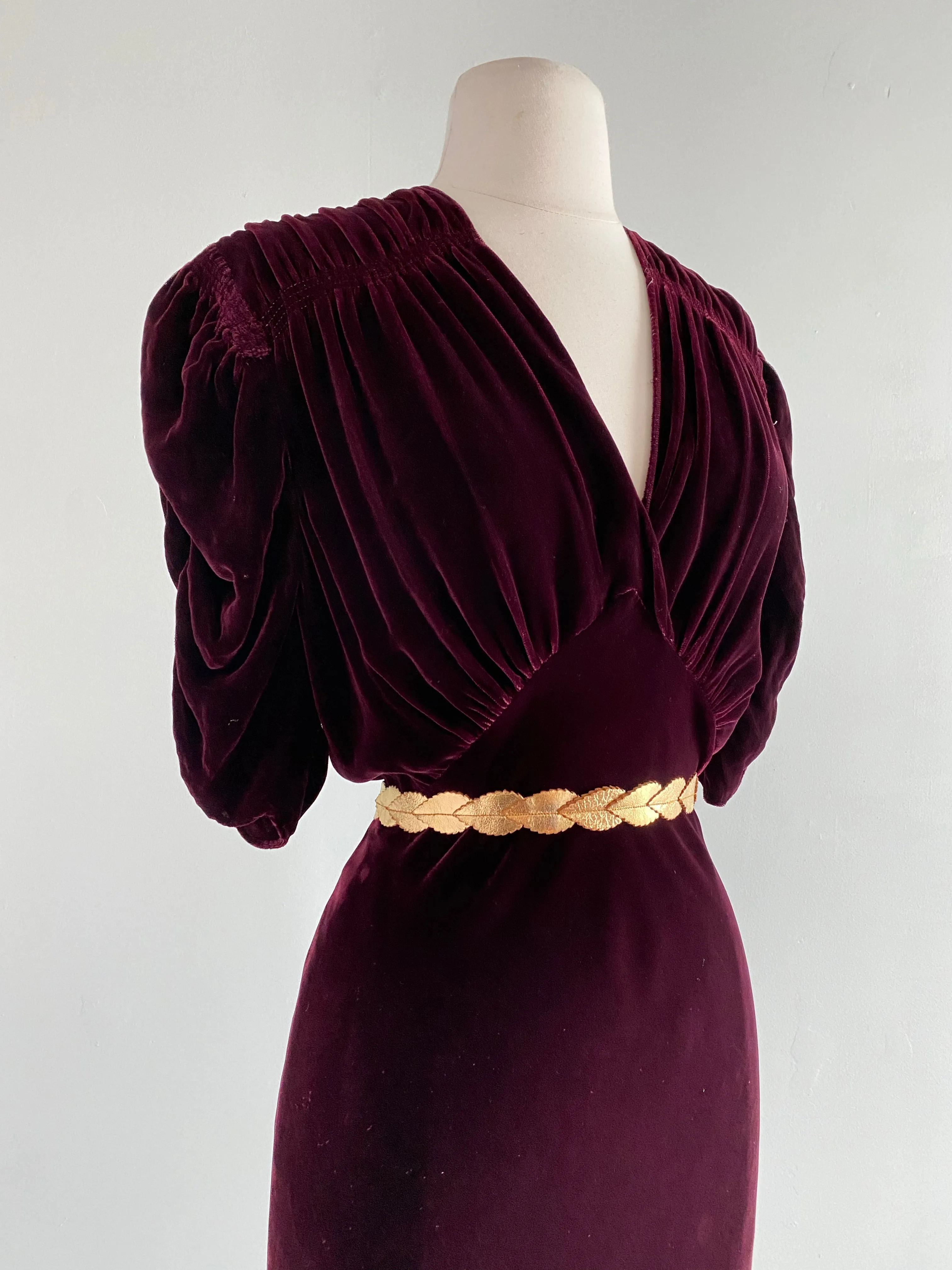 1930's Burgundy Silk Velvet Bias Cut Evening Gown / ML