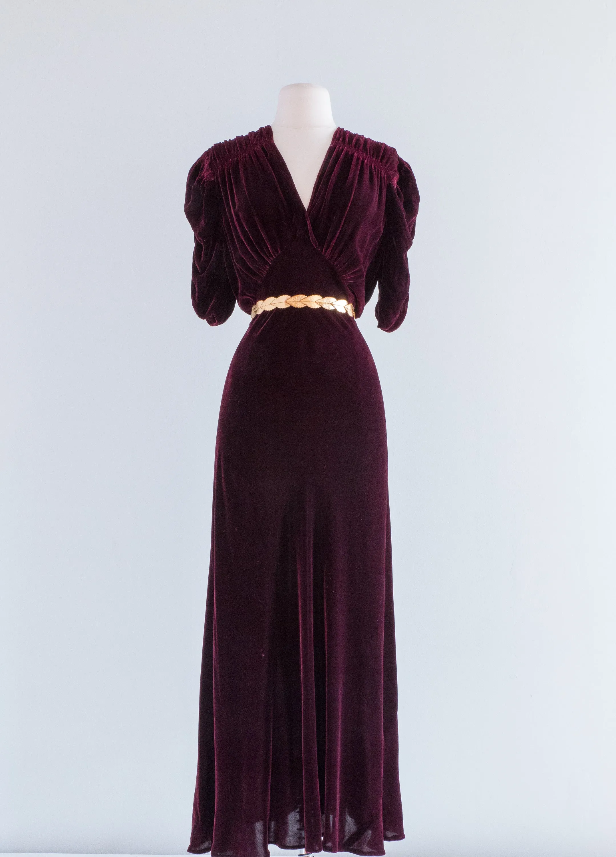 1930's Burgundy Silk Velvet Bias Cut Evening Gown / ML