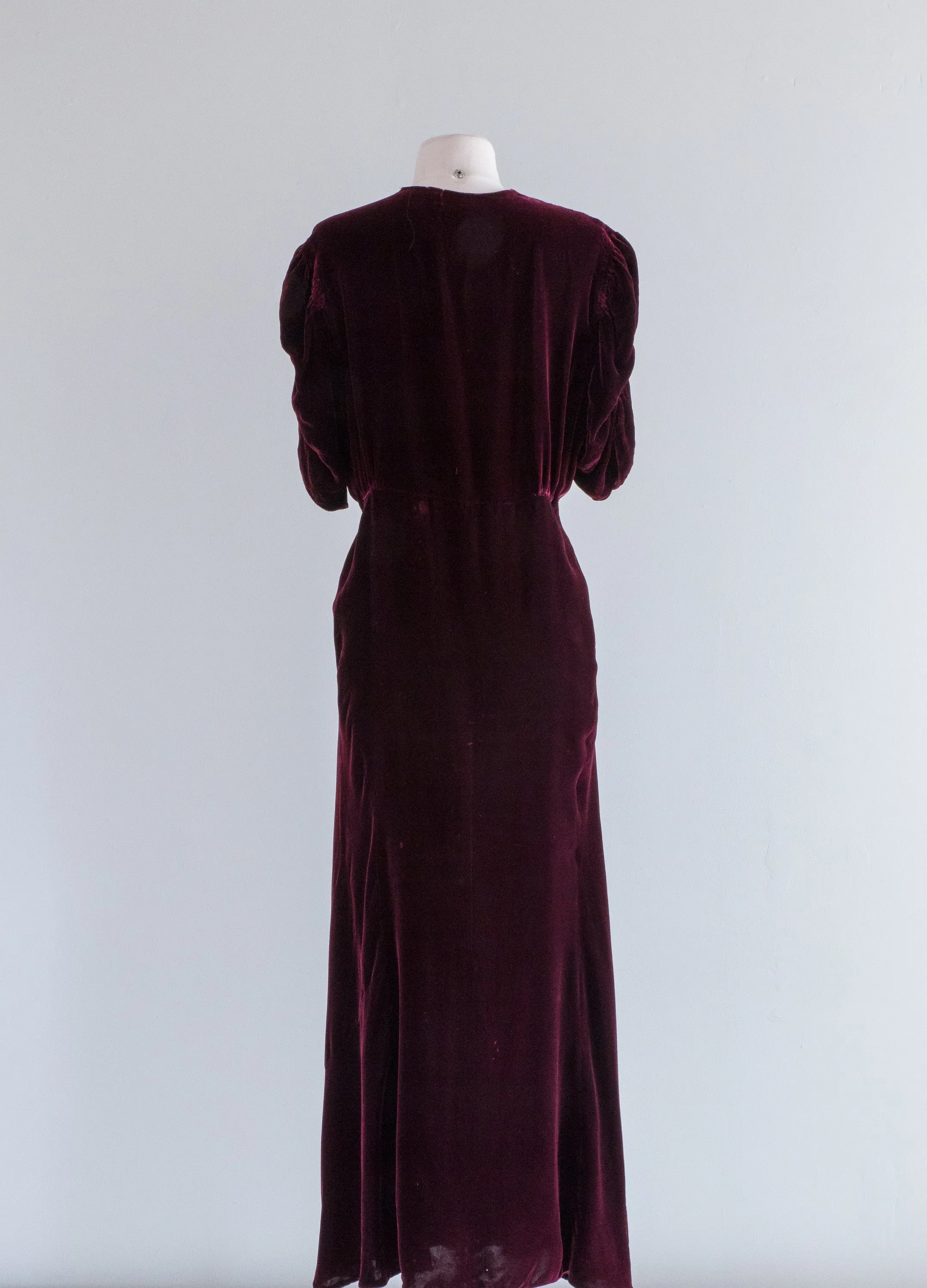 1930's Burgundy Silk Velvet Bias Cut Evening Gown / ML