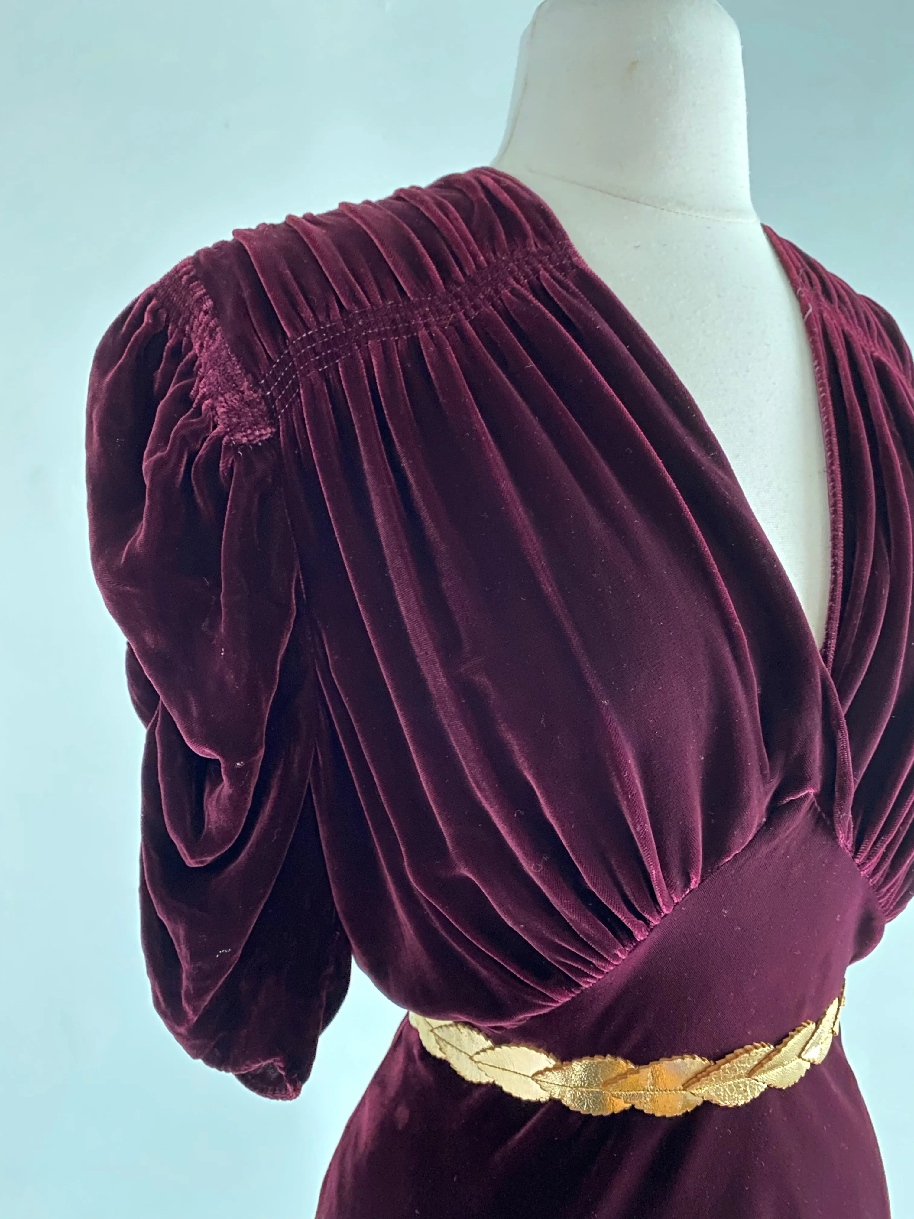 1930's Burgundy Silk Velvet Bias Cut Evening Gown / ML