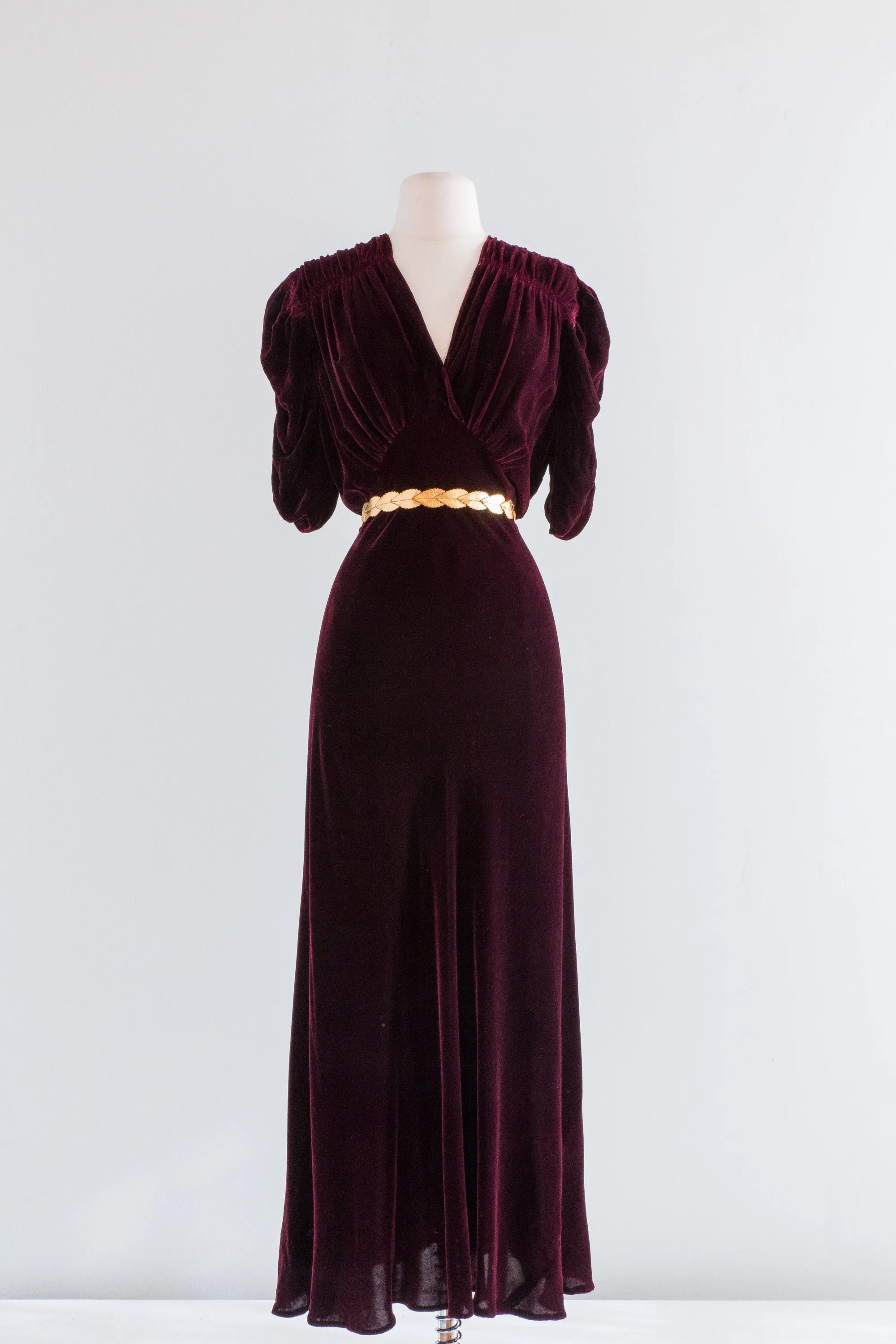 1930's Burgundy Silk Velvet Bias Cut Evening Gown / ML