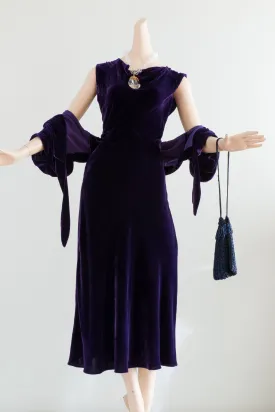 1930's Concord Grape Silk Velvet Bias Cut Dress & Jacket Set / Small