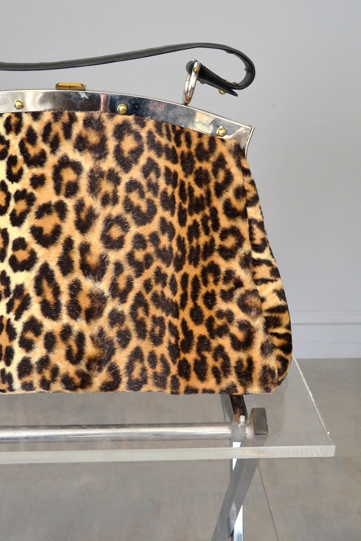 1950s 60s Leopard Print Faux Fur Carpet Bag