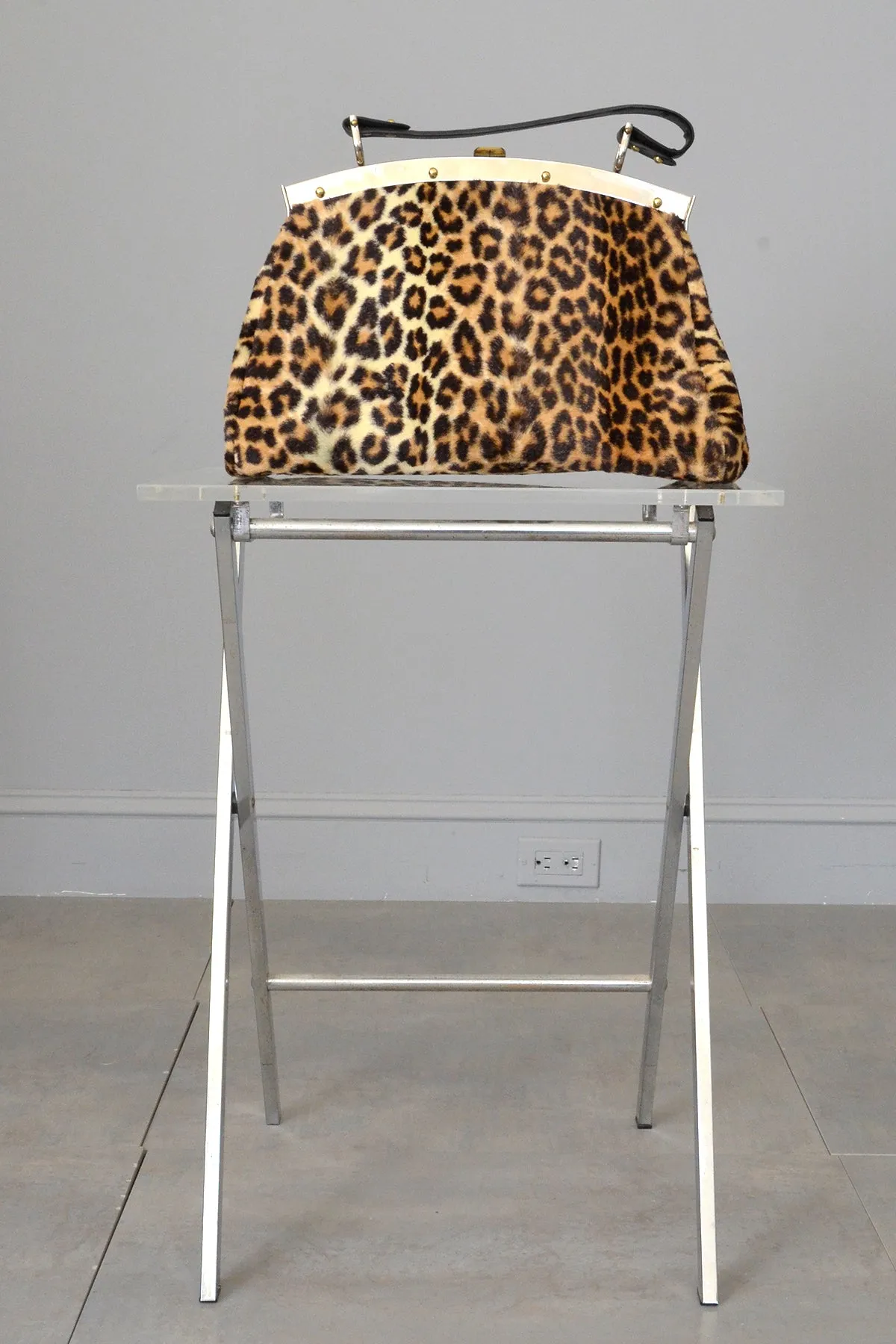 1950s 60s Leopard Print Faux Fur Carpet Bag