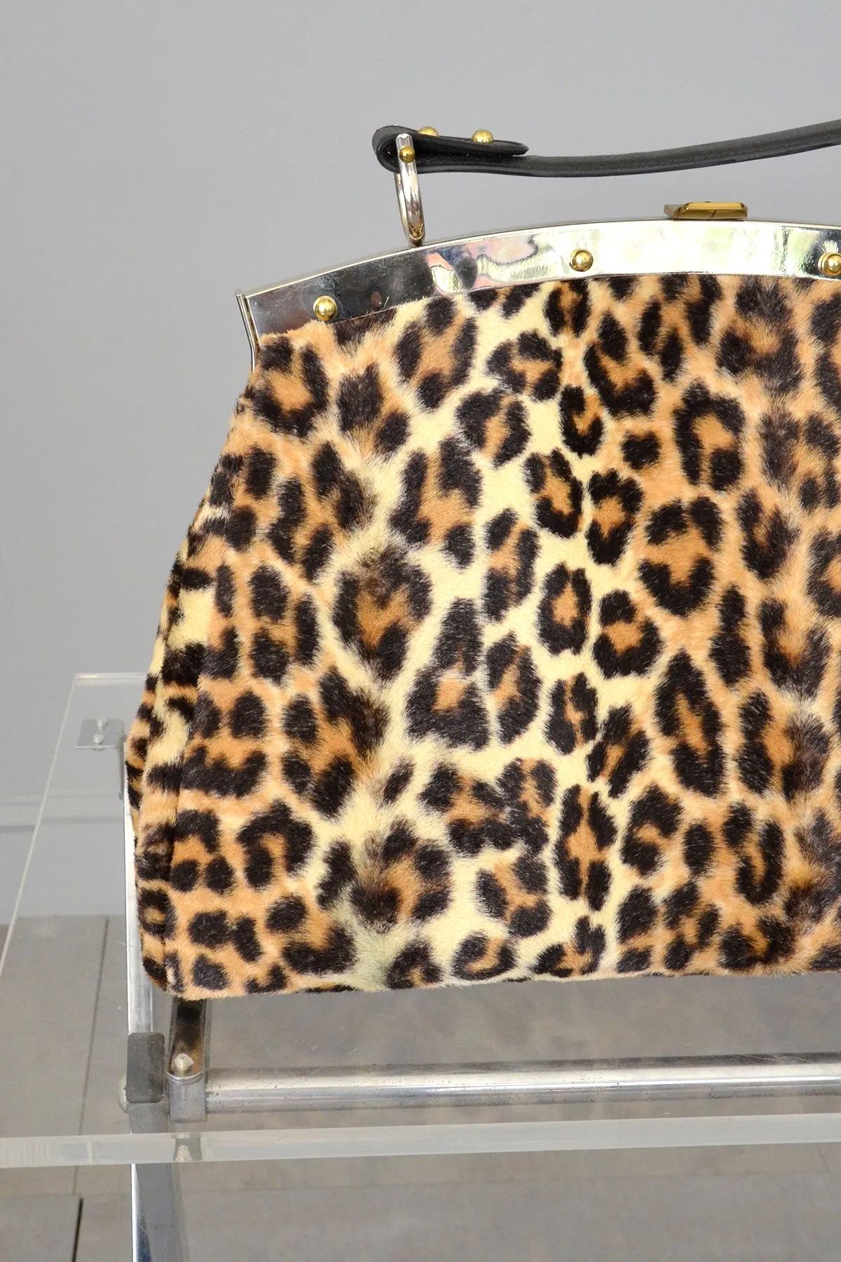 1950s 60s Leopard Print Faux Fur Carpet Bag