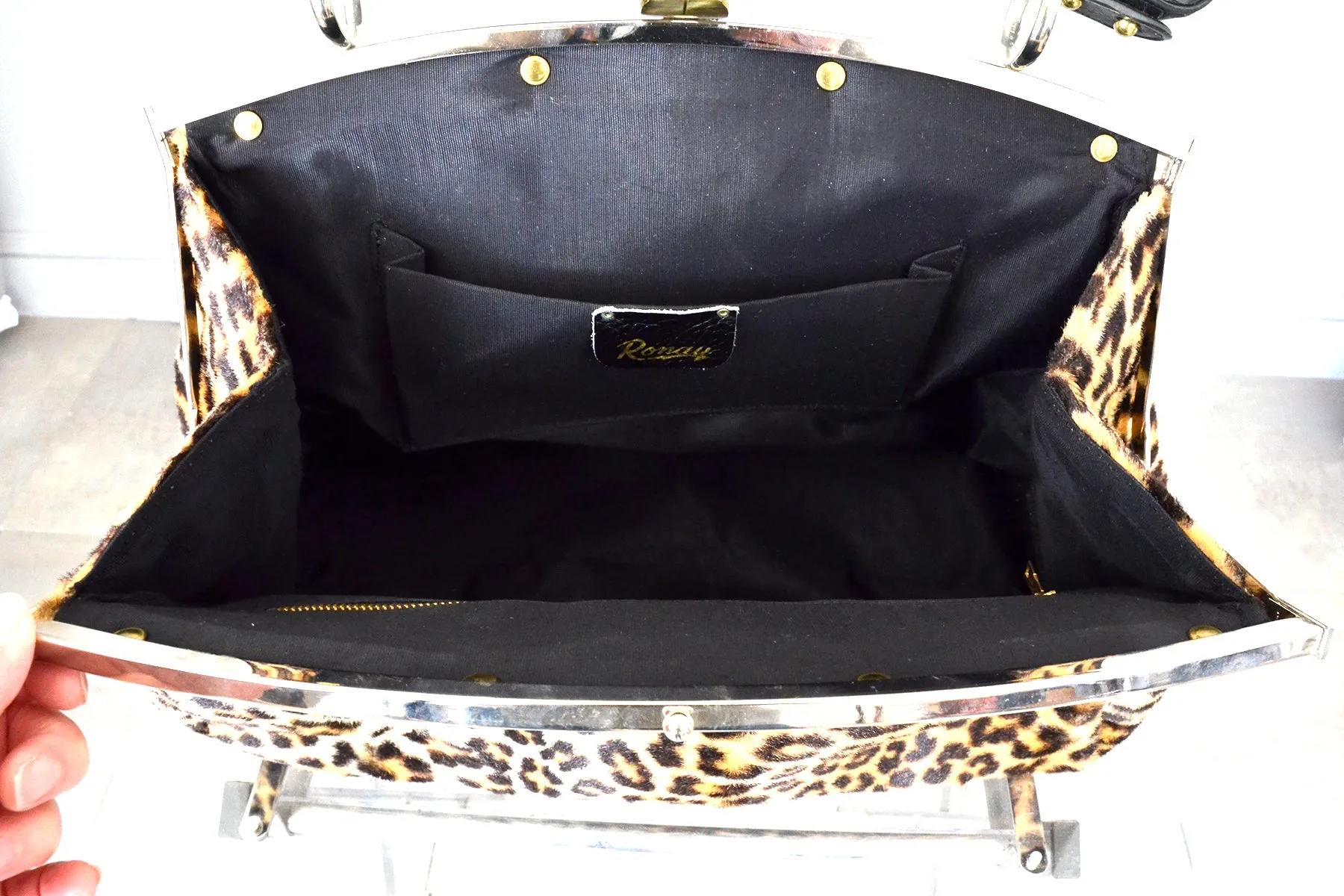 1950s 60s Leopard Print Faux Fur Carpet Bag