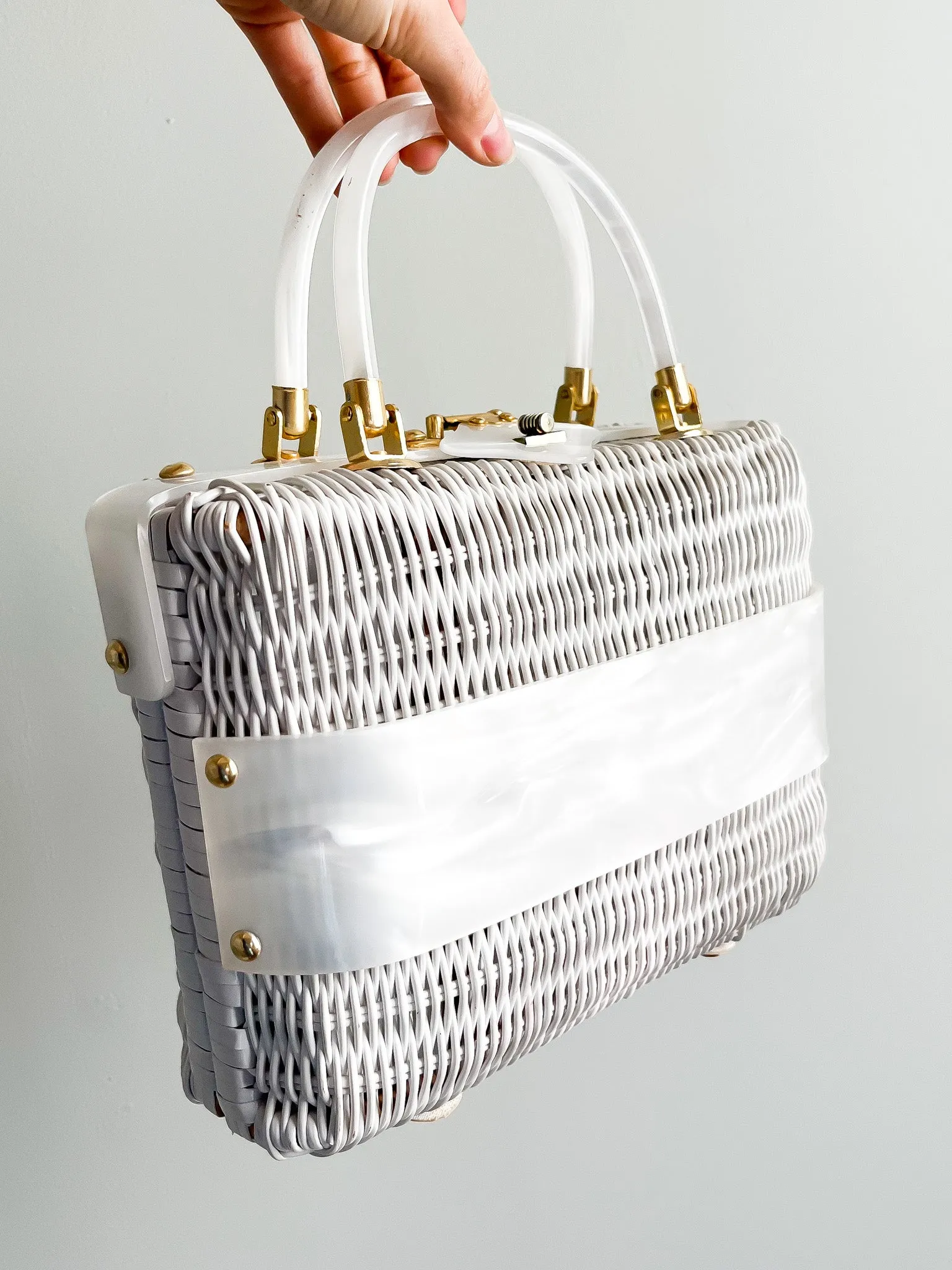 1960's White Wicker Lucite Handbag