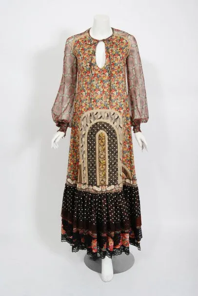 1975 Koos Van Den Akker Patchwork Cotton Silk Billow-Sleeve Bohemian Maxi Dress