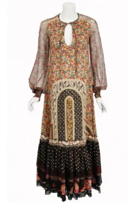 1975 Koos Van Den Akker Patchwork Cotton Silk Billow-Sleeve Bohemian Maxi Dress