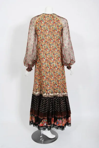 1975 Koos Van Den Akker Patchwork Cotton Silk Billow-Sleeve Bohemian Maxi Dress