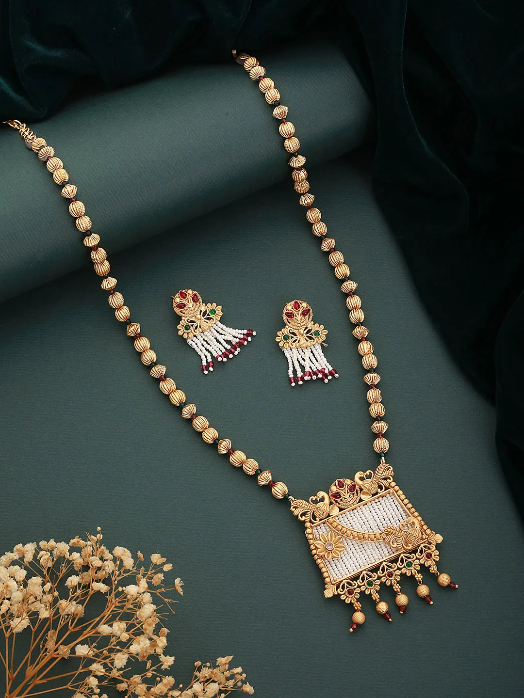 24K Gold-Plated Green & Red Stone Studded & Pearl Beaded Handcrafted Traditional Necklace Set