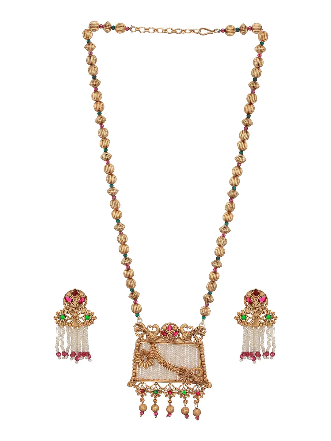 24K Gold-Plated Green & Red Stone Studded & Pearl Beaded Handcrafted Traditional Necklace Set