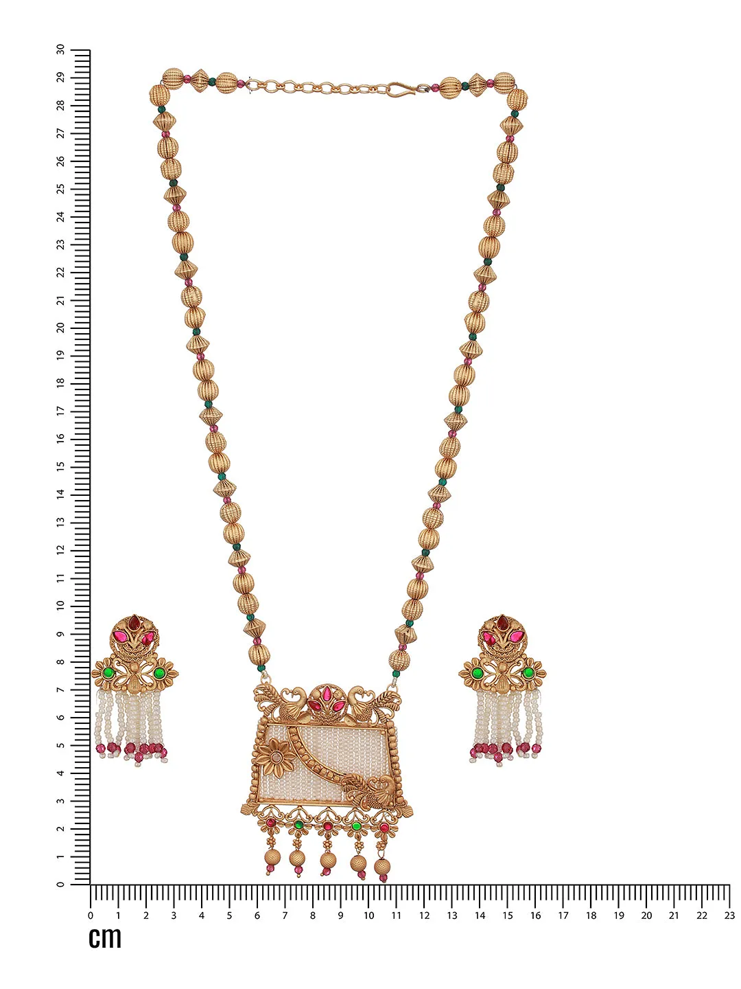 24K Gold-Plated Green & Red Stone Studded & Pearl Beaded Handcrafted Traditional Necklace Set