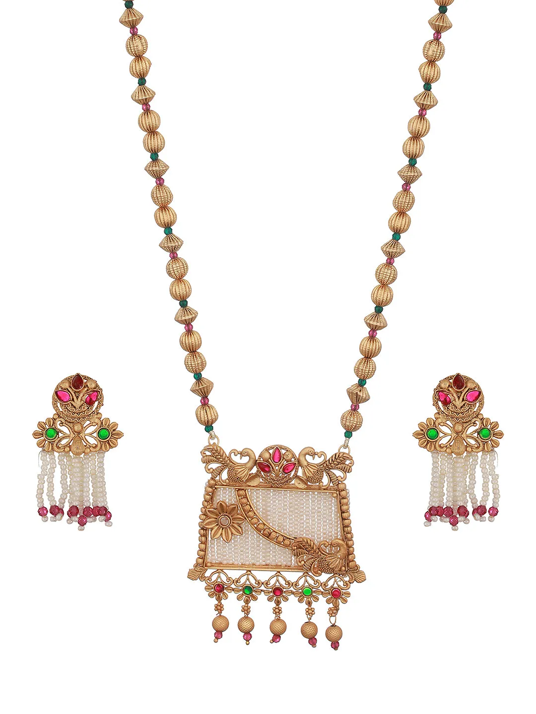 24K Gold-Plated Green & Red Stone Studded & Pearl Beaded Handcrafted Traditional Necklace Set