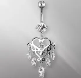 316L Surgical Steel Gemmed Chandelier Heart Dangle Navel Ring