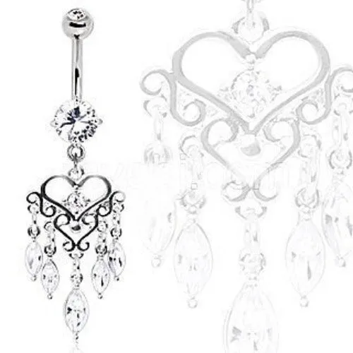 316L Surgical Steel Gemmed Chandelier Heart Dangle Navel Ring