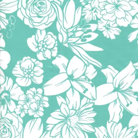 60" Round Oilcloth Tablecloth Chelsea Flowers on Aqua