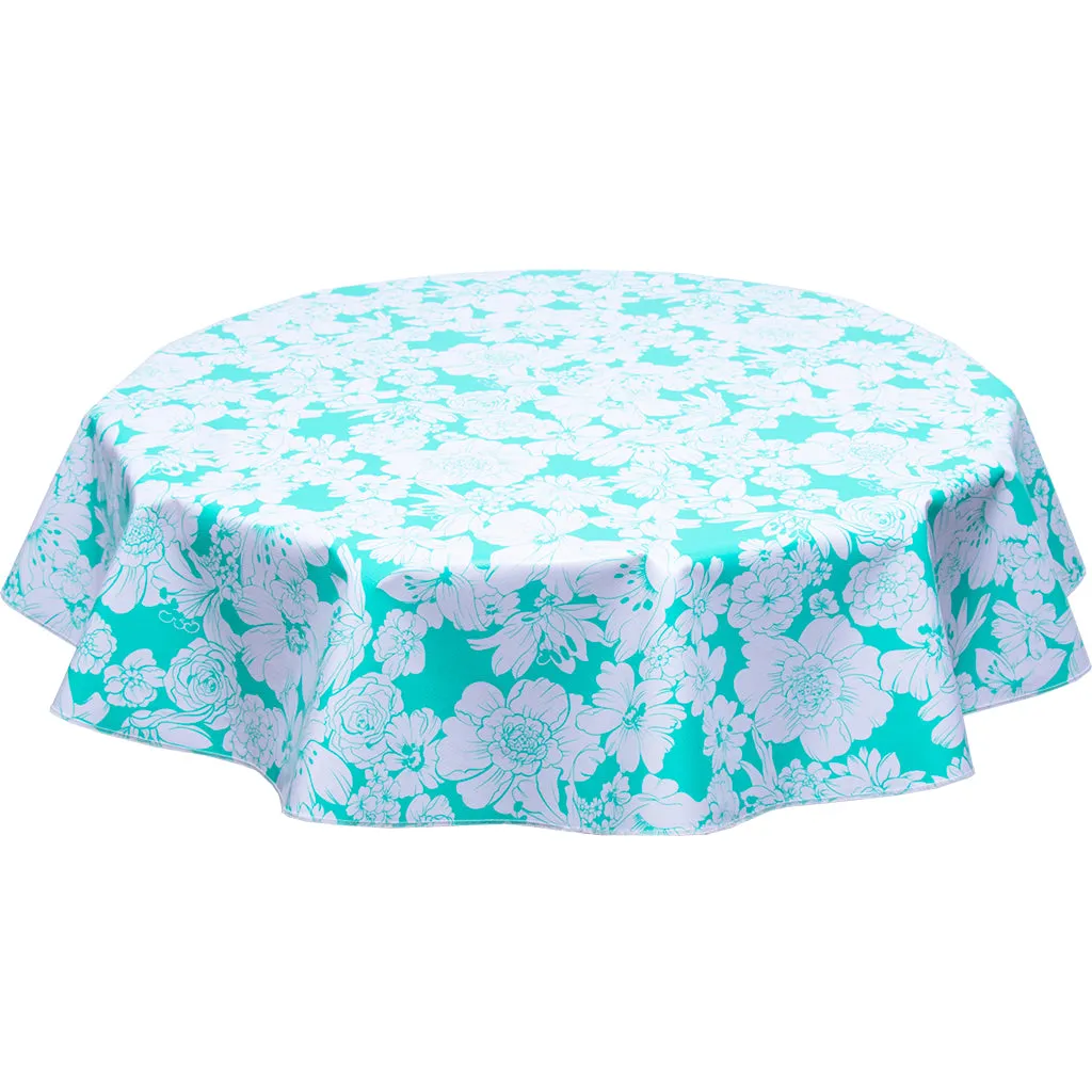 60" Round Oilcloth Tablecloth Chelsea Flowers on Aqua