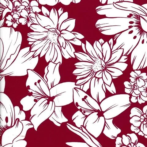 68" Round Oilcloth Tablecloth Chelsea Flowers on Burgundy