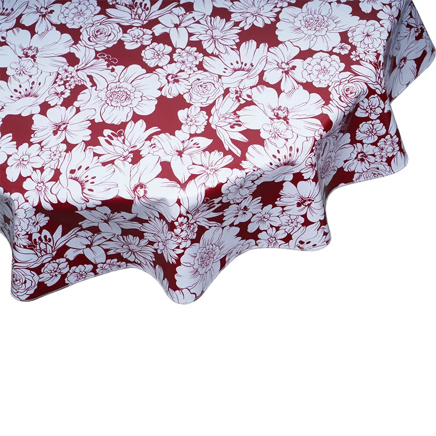 68" Round Oilcloth Tablecloth Chelsea Flowers on Burgundy