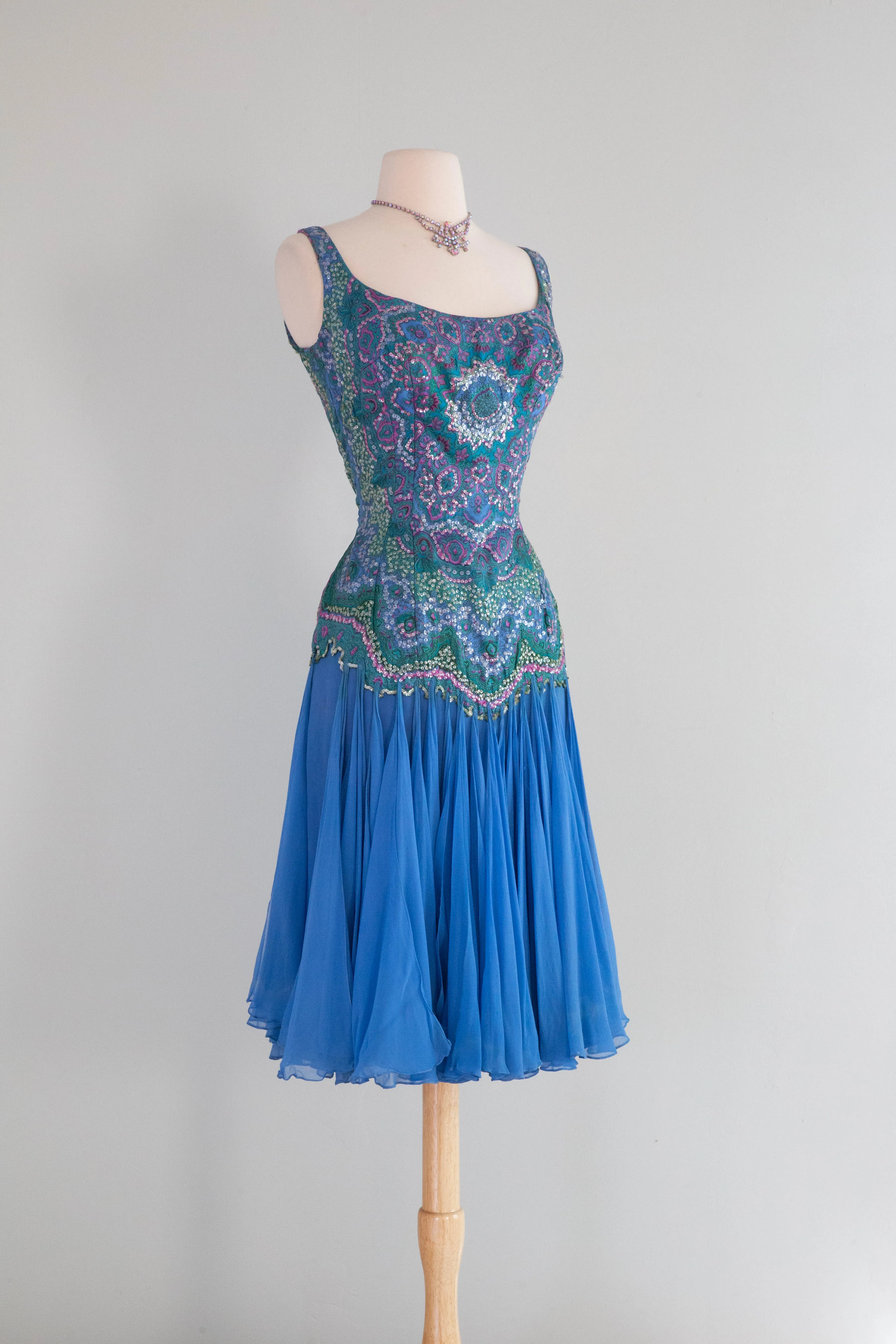 Absolutely Fabulous Early 1960's Kaleidoscope Silk Sequined Party Dress / SM