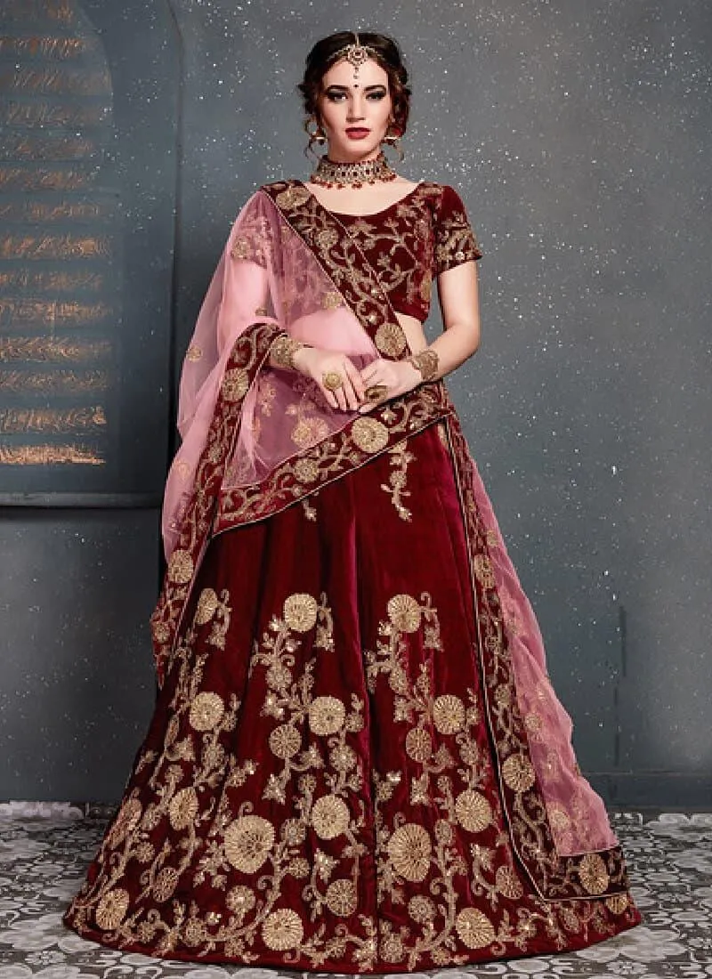 Alluring Maroon Color With Velvet Base Lehenga Choli