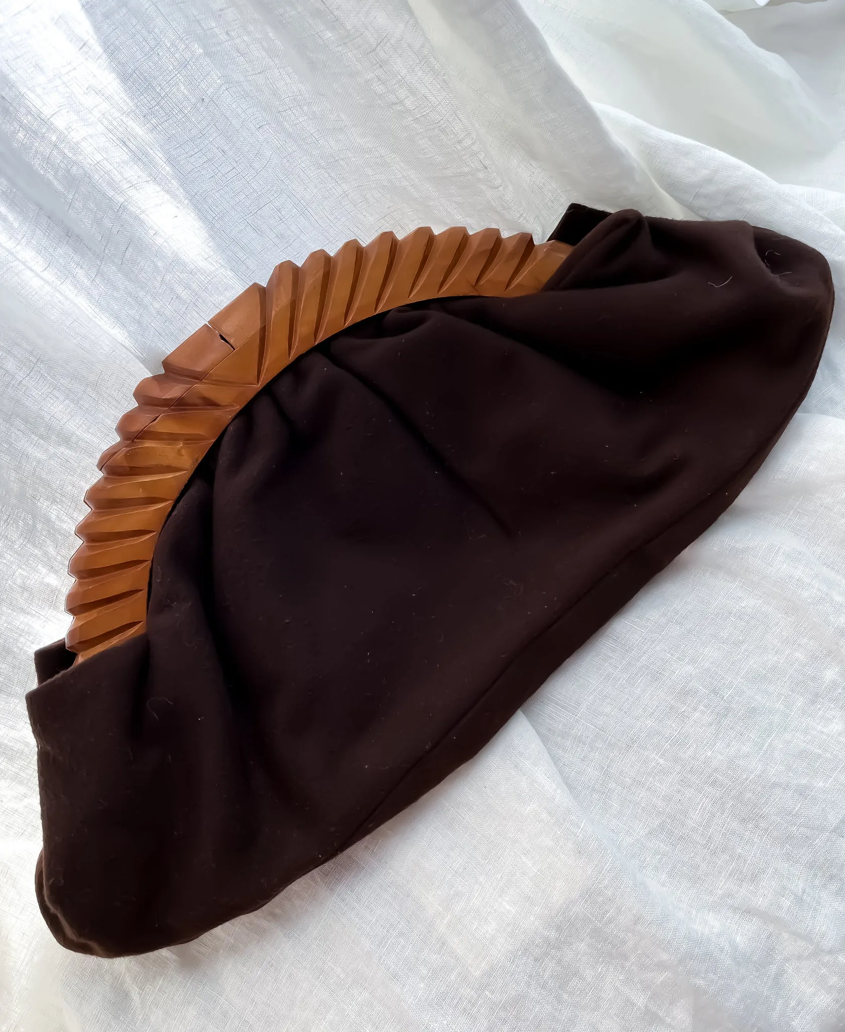 AMAZING 1940's Oversized Carved Wood Chocolate Felt Clutch Bag