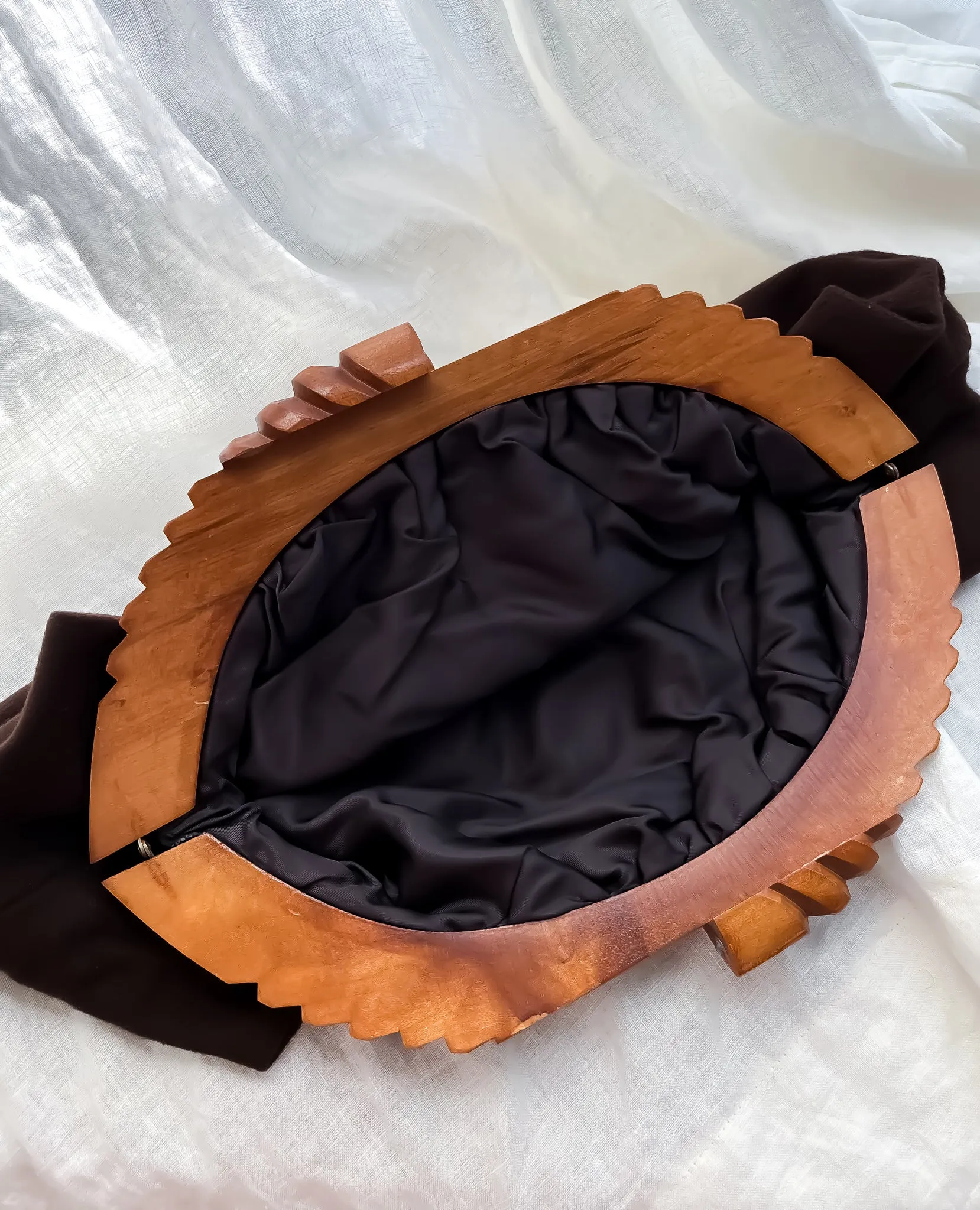 AMAZING 1940's Oversized Carved Wood Chocolate Felt Clutch Bag