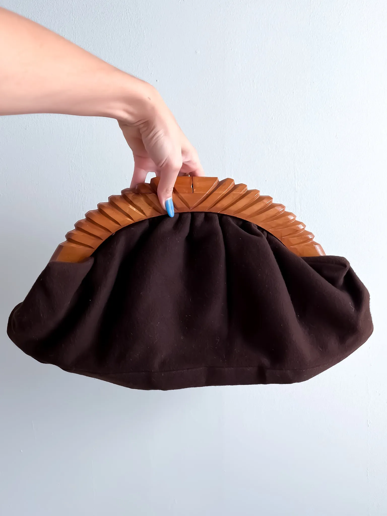 AMAZING 1940's Oversized Carved Wood Chocolate Felt Clutch Bag