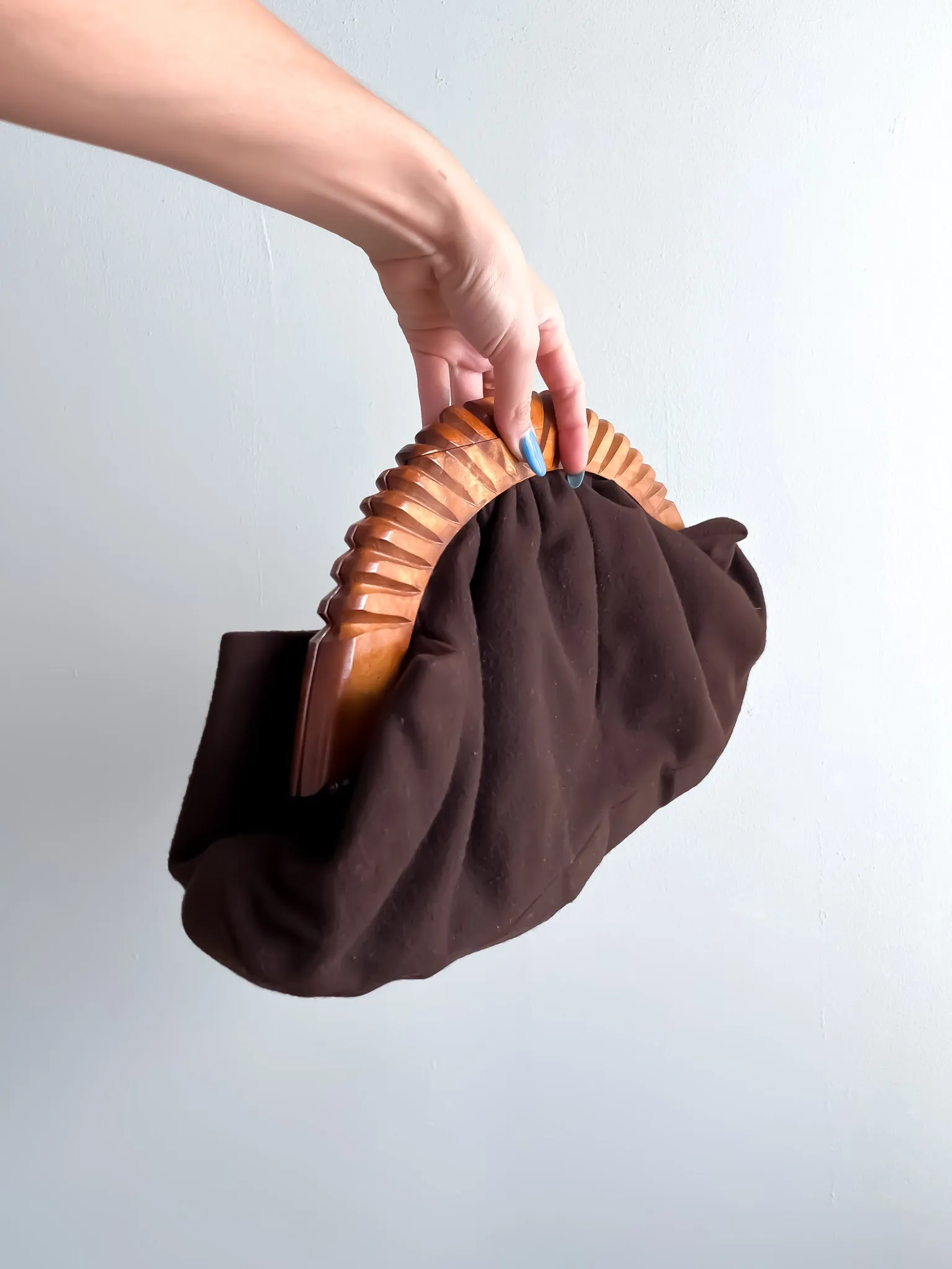 AMAZING 1940's Oversized Carved Wood Chocolate Felt Clutch Bag