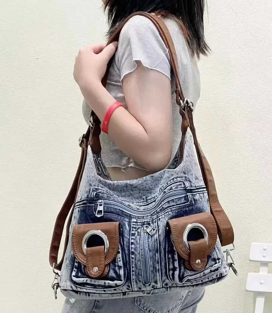 Amozae-Fall Outfits Streetwear y2k 90s Fashion Gothic  Punk Denim Y2k Bag Women 2023 High Street Pockets Chic Vintage Backpack Ladies Harajuku Casual Messenger Bags Versatile