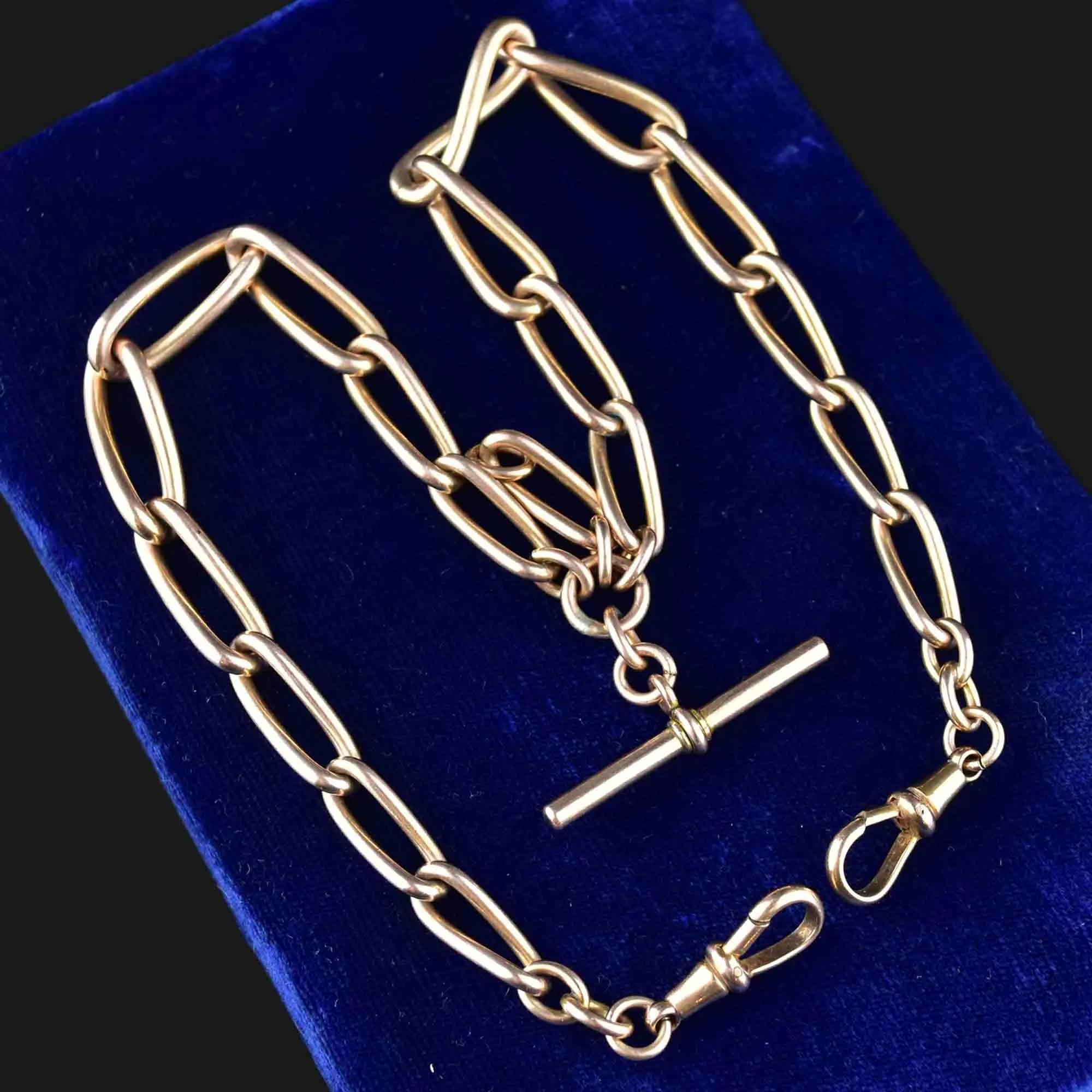 Antique 9K Gold Trombone Link Watch Chain Necklace