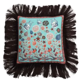 Aqua Chintz Silk Twill and Velvet Fringed Cushion