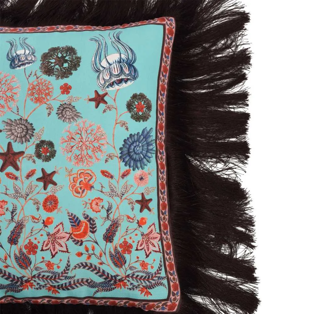 Aqua Chintz Silk Twill and Velvet Fringed Cushion