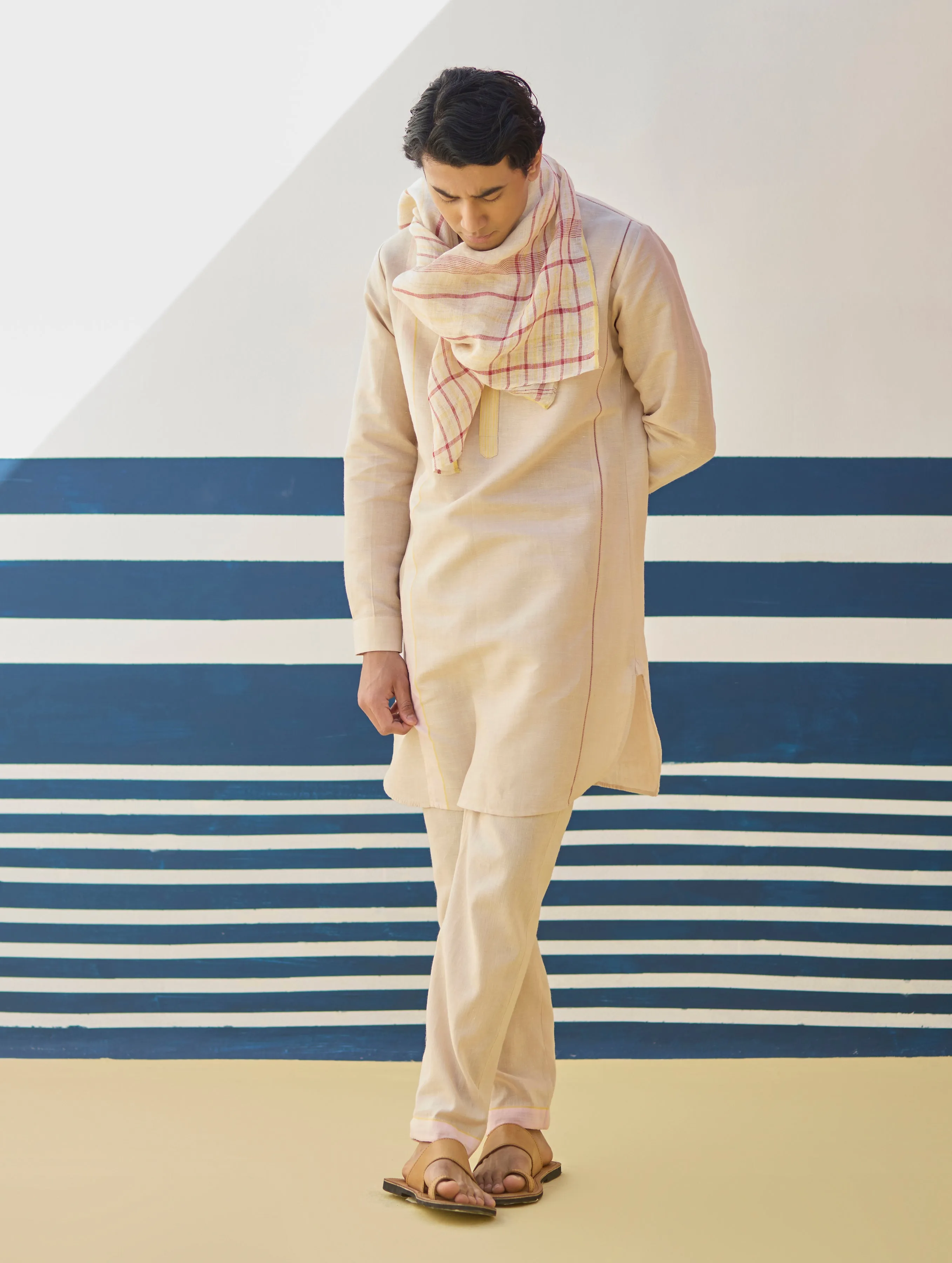 Arin Border Linen Kurta - Sand