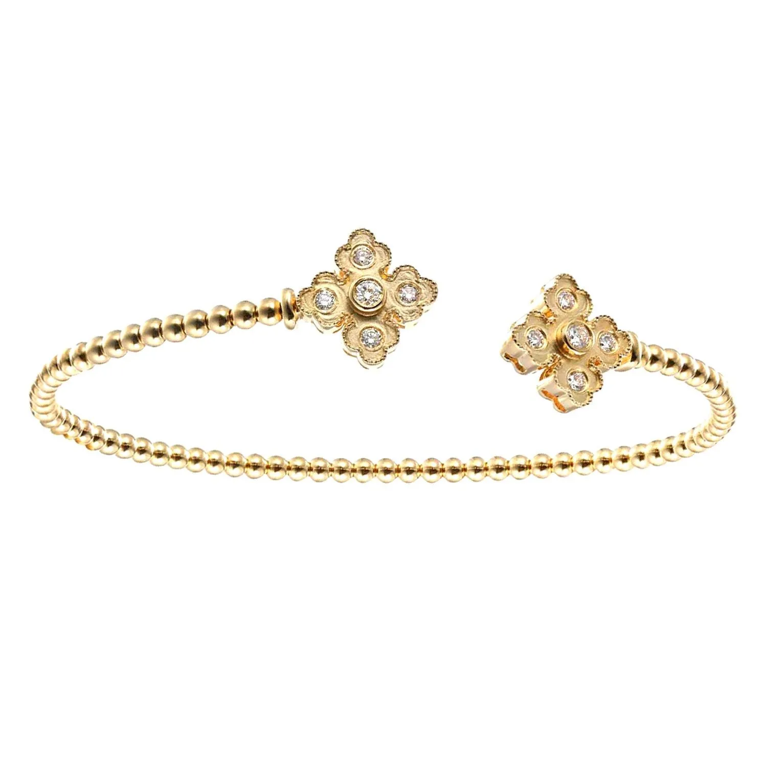 Beaded Clover Diamond Cuff Bracelet in Yellow Gold, 0.25 cttw