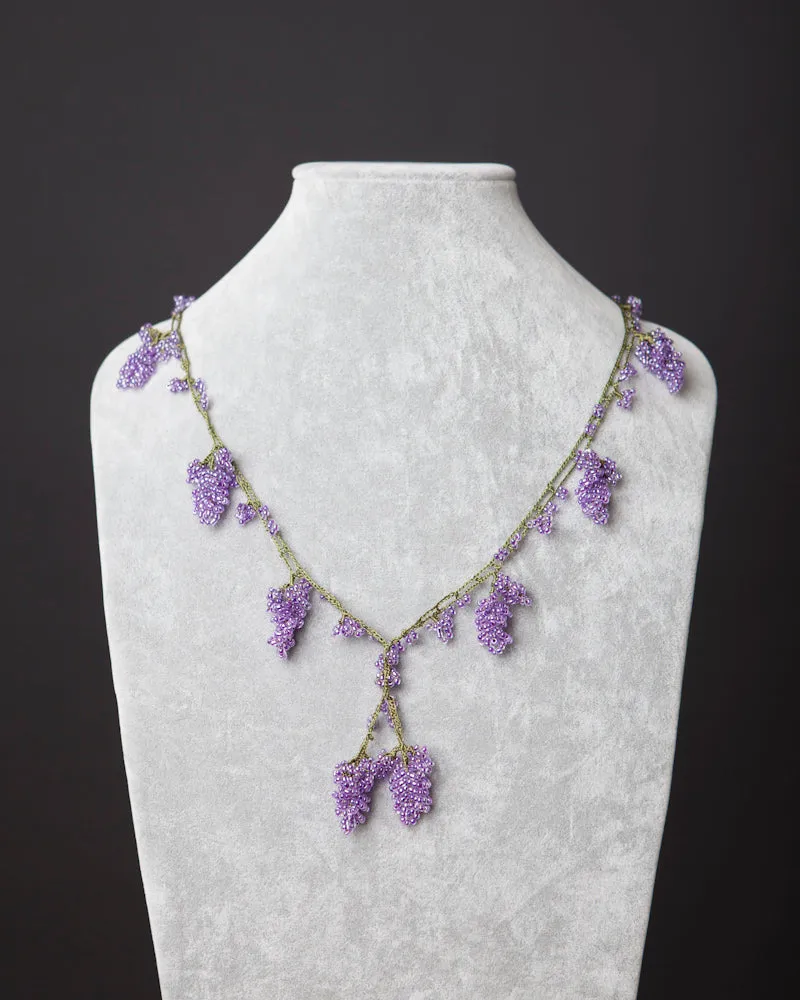 Beaded Necklace with Grape Motif - Lavender