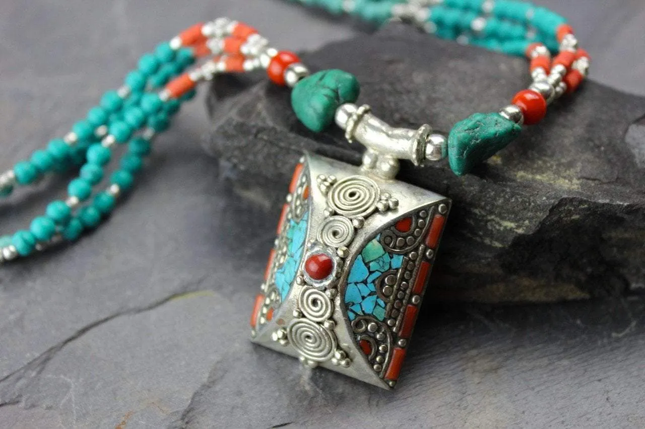 Beaded Turquoise and Coral Pendant Necklace