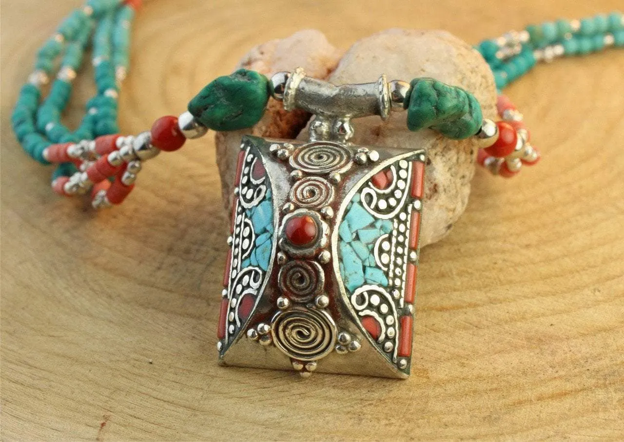 Beaded Turquoise and Coral Pendant Necklace