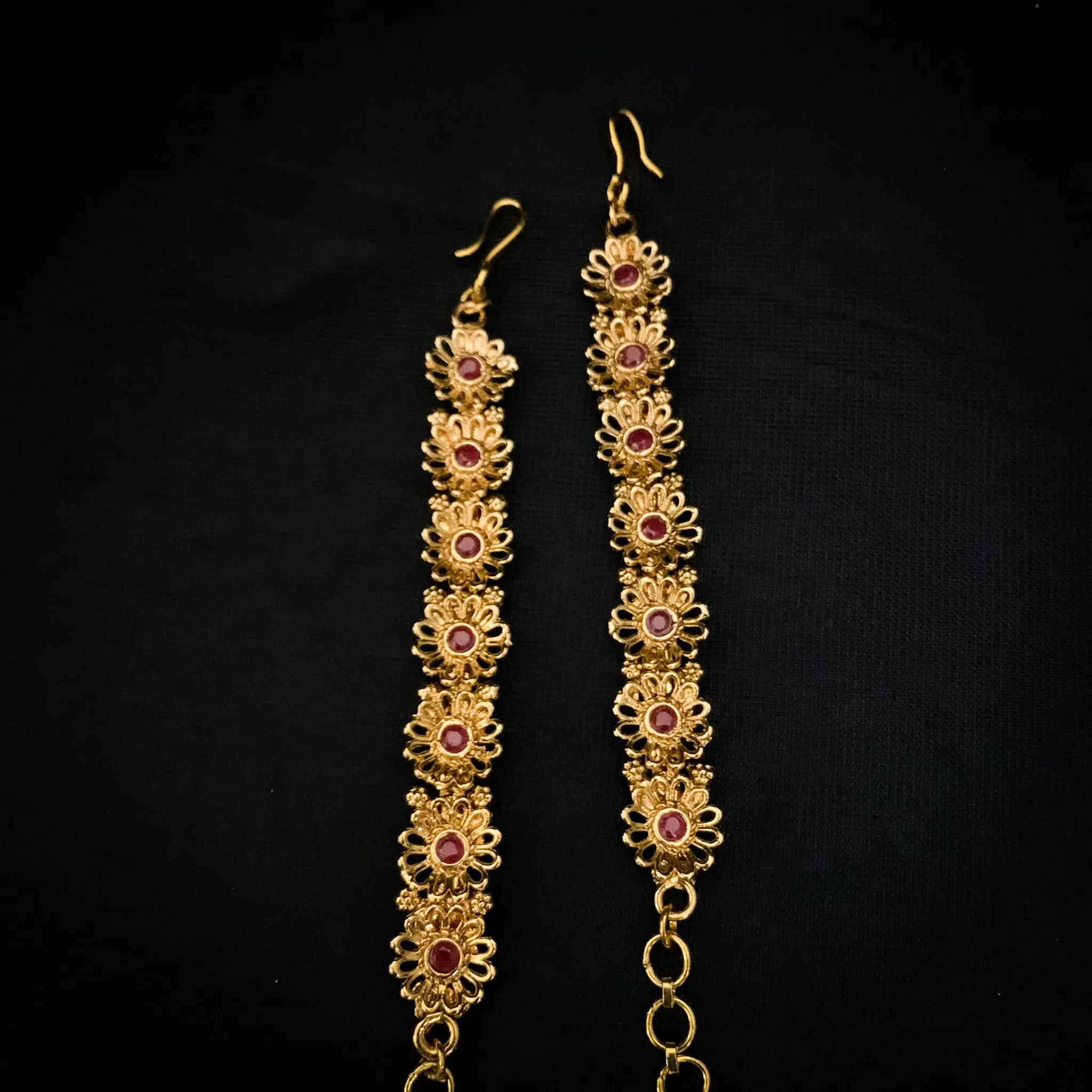 Beautiful Floral work Antique Gold Ear Chain with Red stones