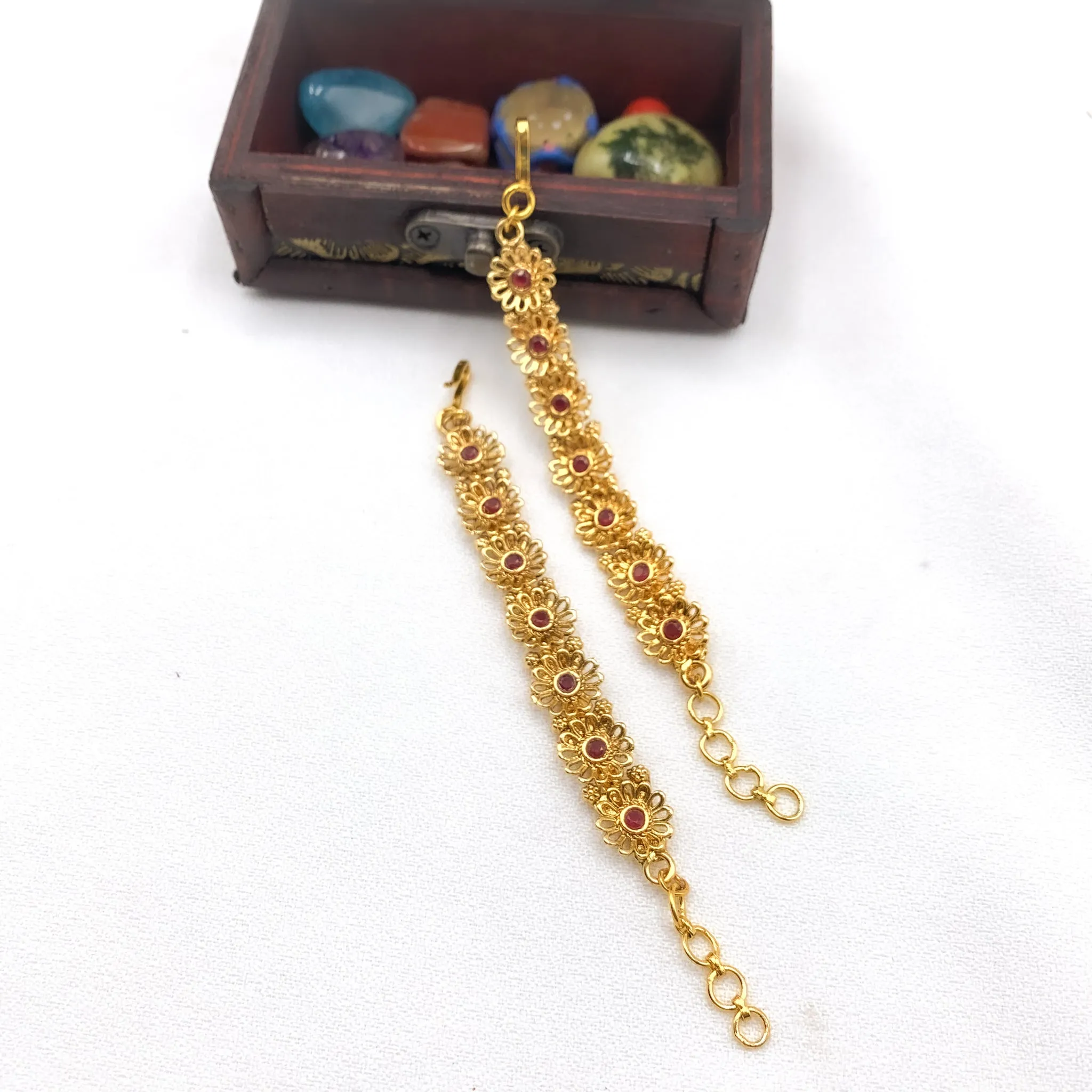 Beautiful Floral work Antique Gold Ear Chain with Red stones