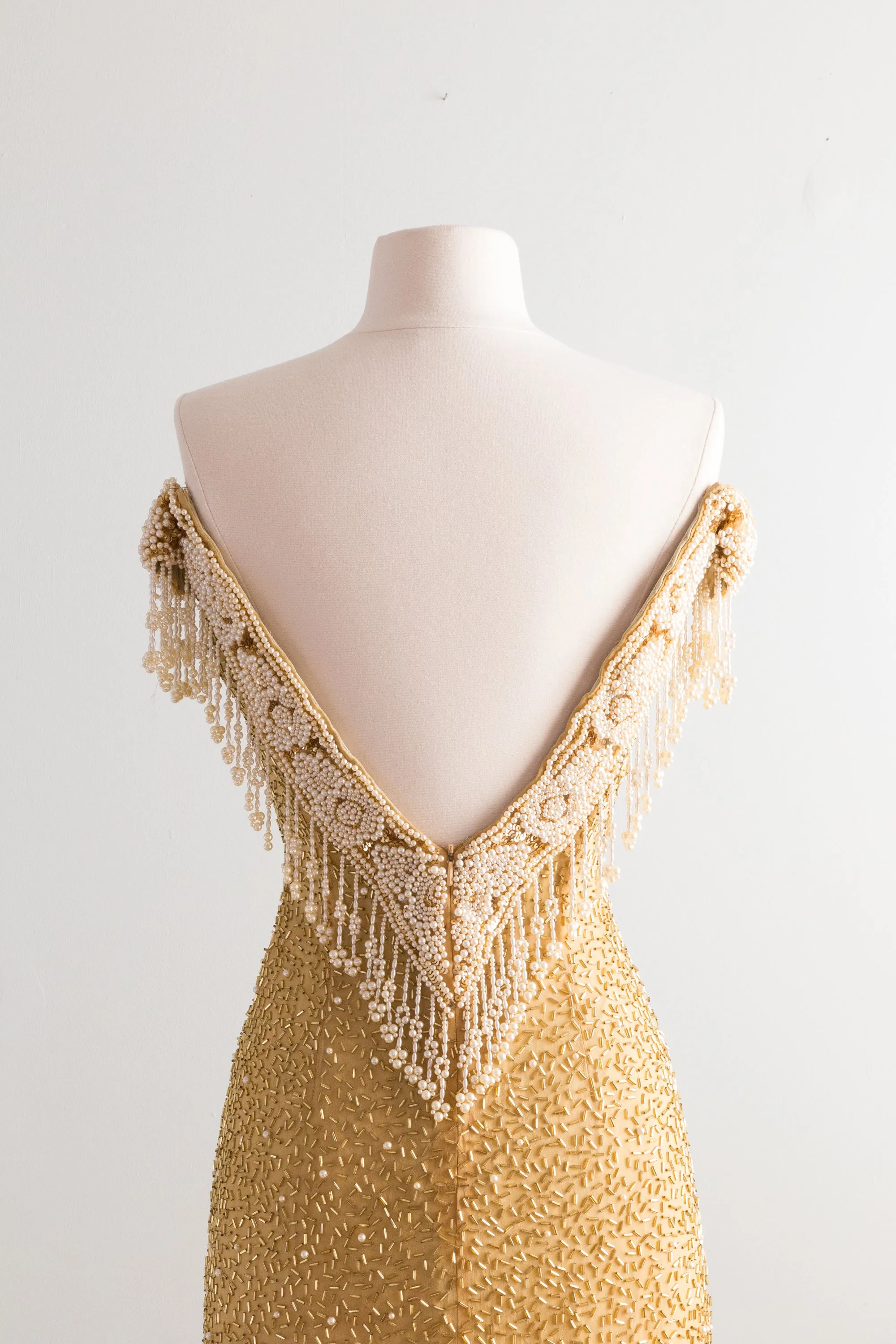 Belle Epoque Inspired Golden Beaded Silk Evening Gown With Pearls / XS