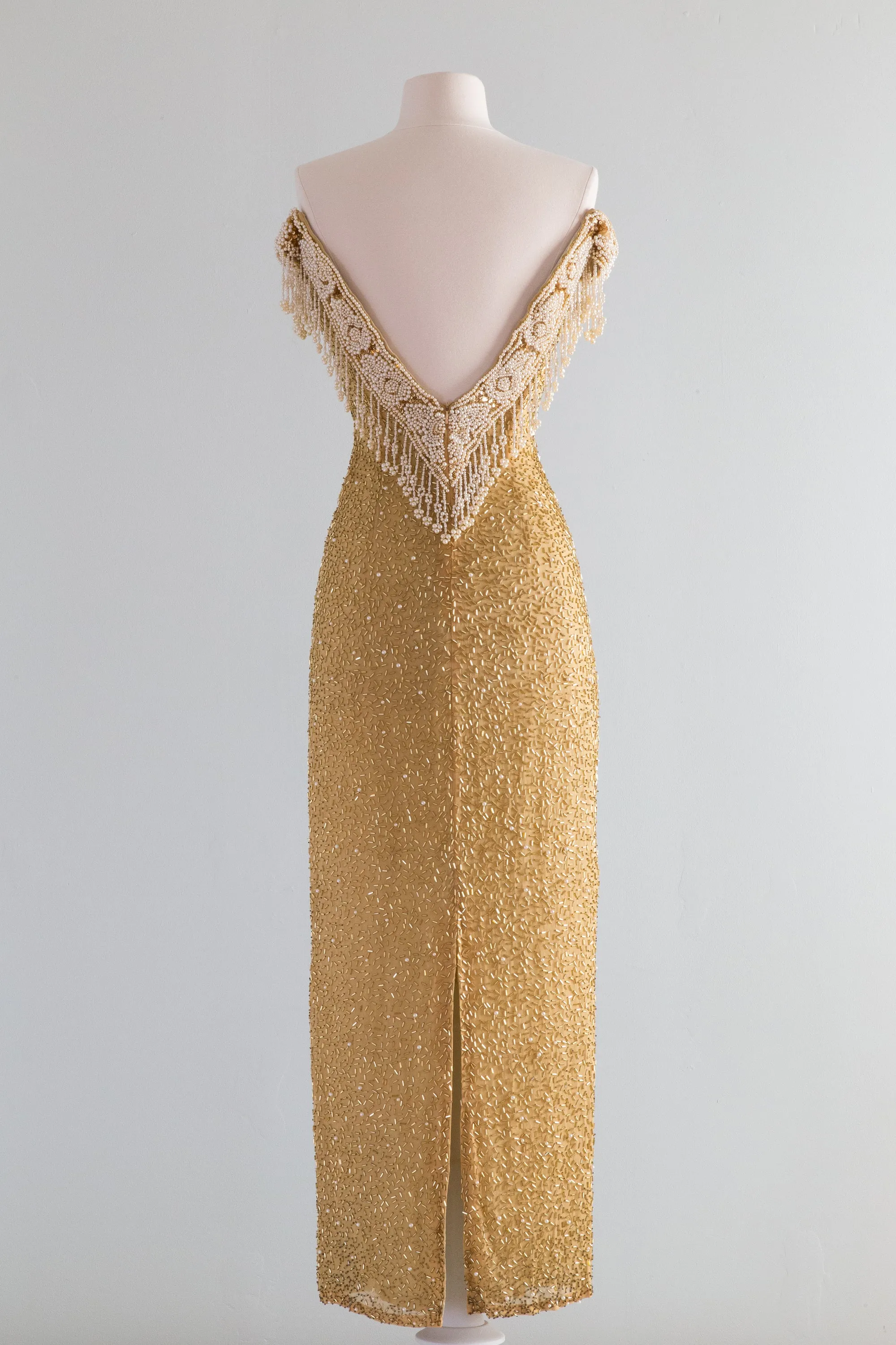 Belle Epoque Inspired Golden Beaded Silk Evening Gown With Pearls / XS