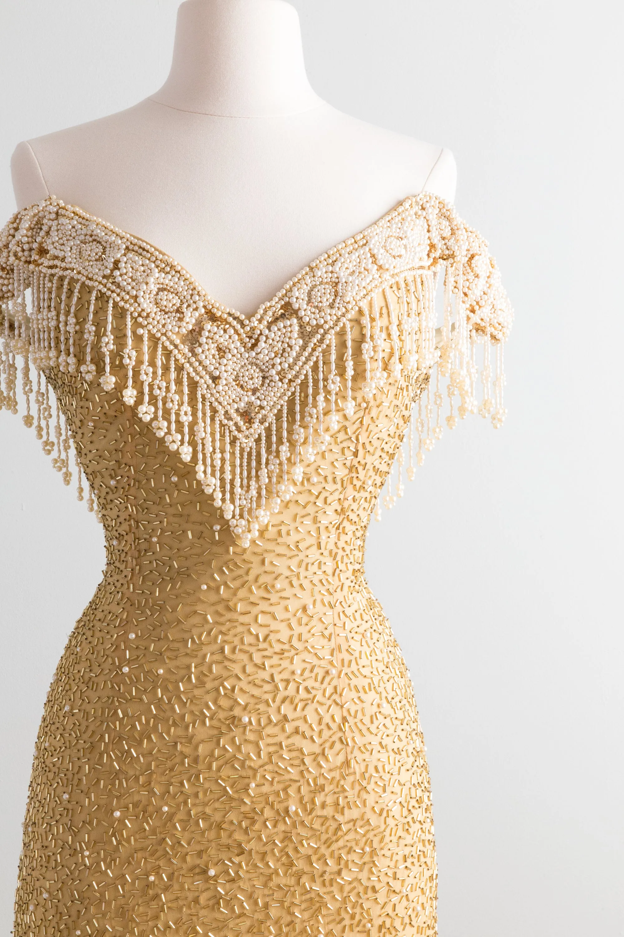 Belle Epoque Inspired Golden Beaded Silk Evening Gown With Pearls / XS