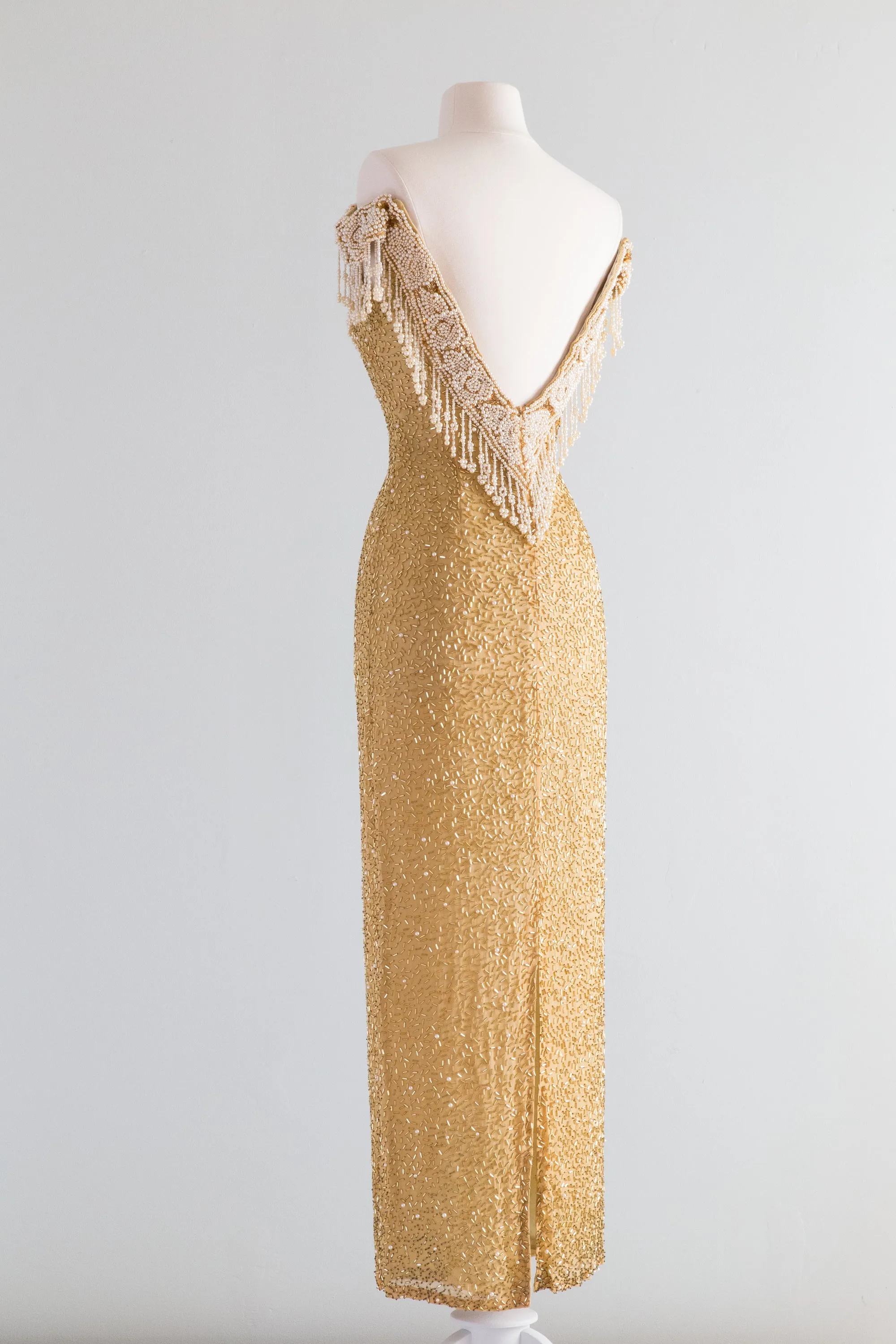 Belle Epoque Inspired Golden Beaded Silk Evening Gown With Pearls / XS